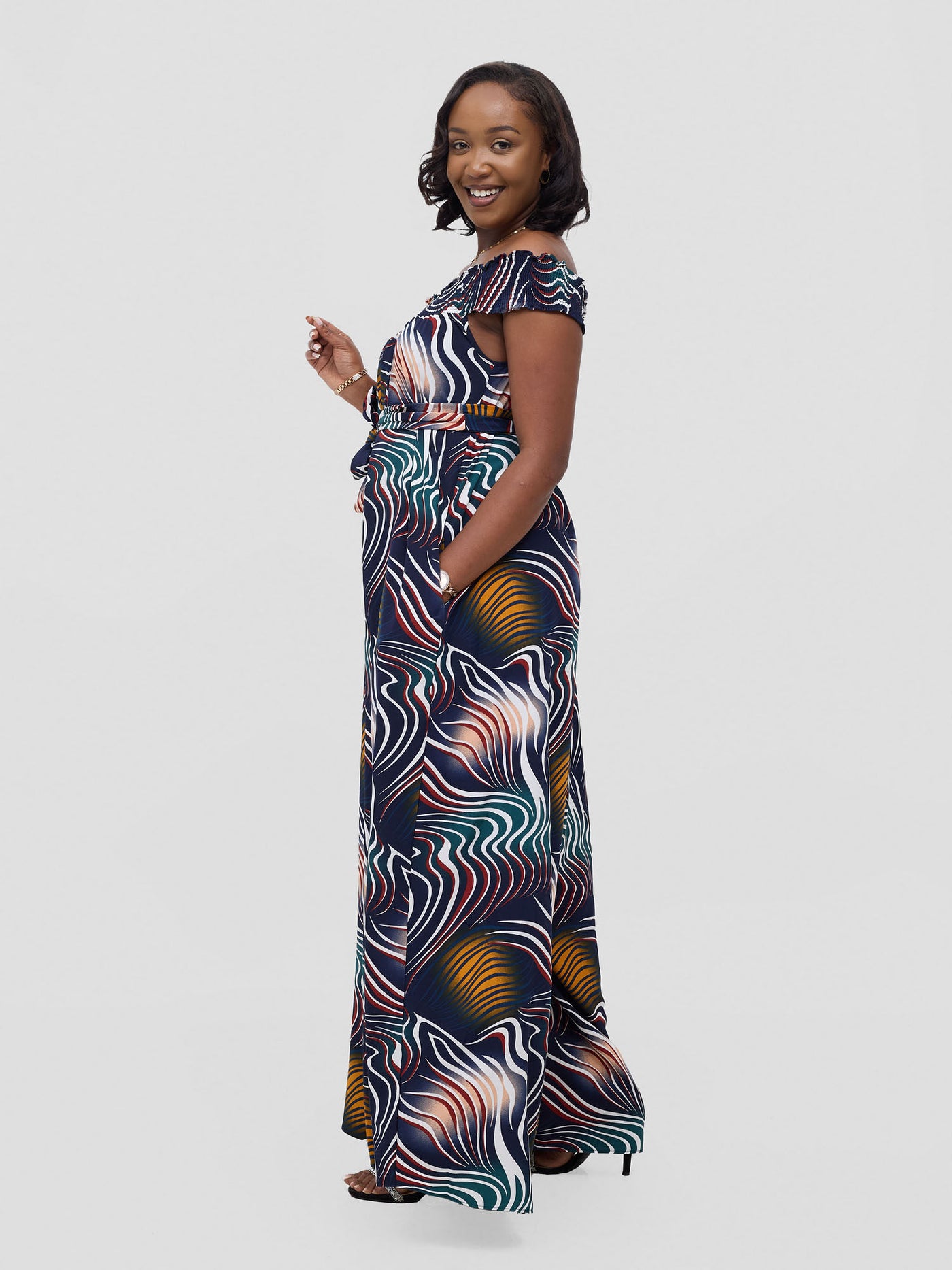 Vivo Alek Shirred Off - Shoulder Jumpsuit - Navy Jazah Print - Shopzetu