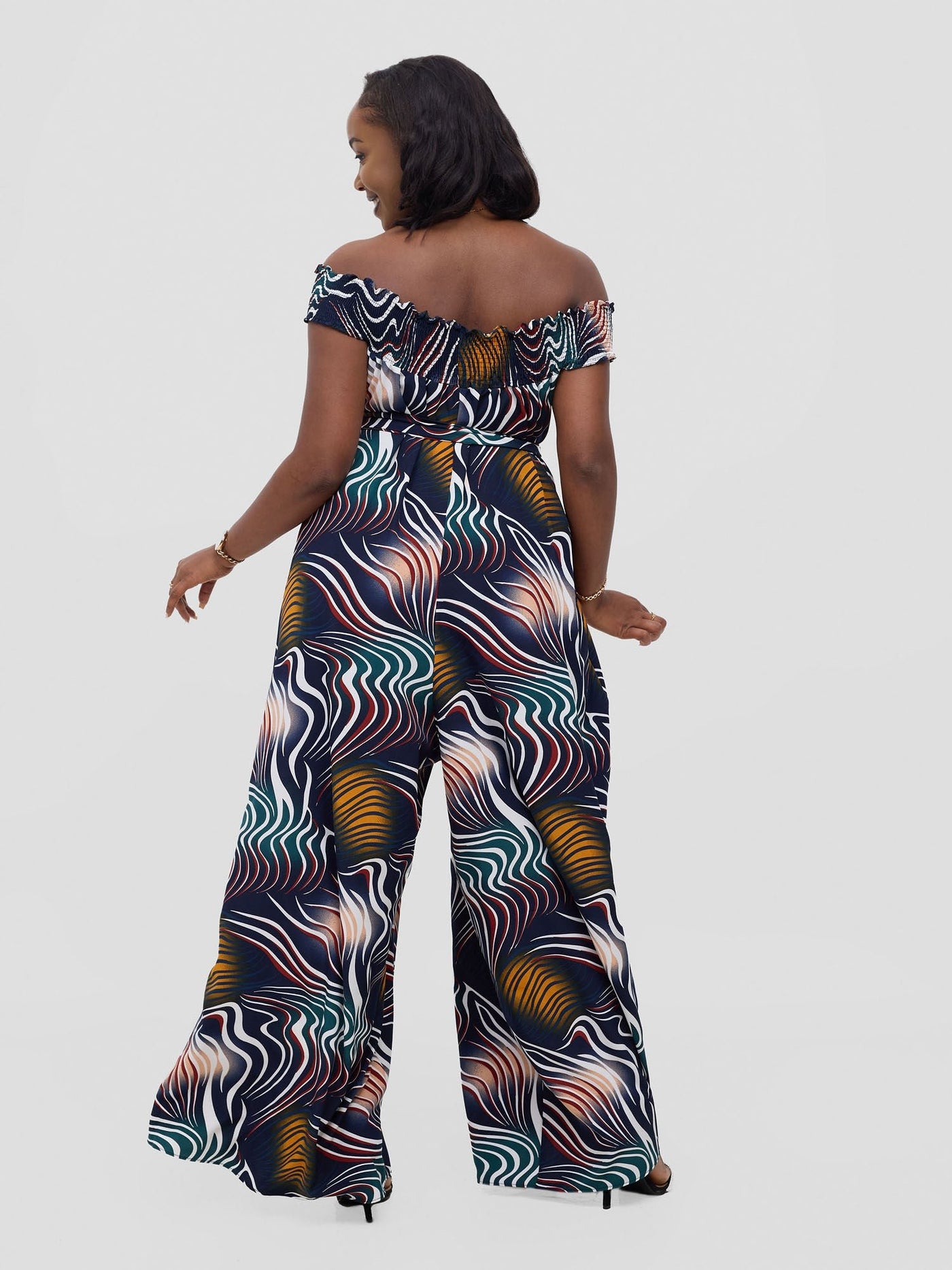 Vivo Alek Shirred Off - Shoulder Jumpsuit - Navy Jazah Print - Shopzetu