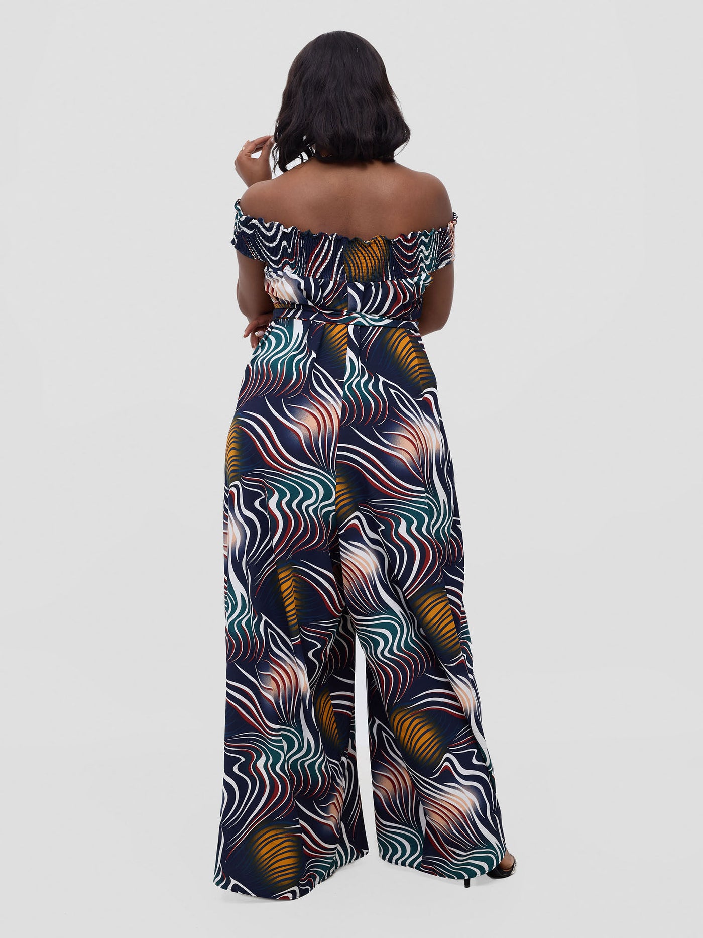 Vivo Alek Shirred Off - Shoulder Jumpsuit - Navy Jazah Print - Shopzetu