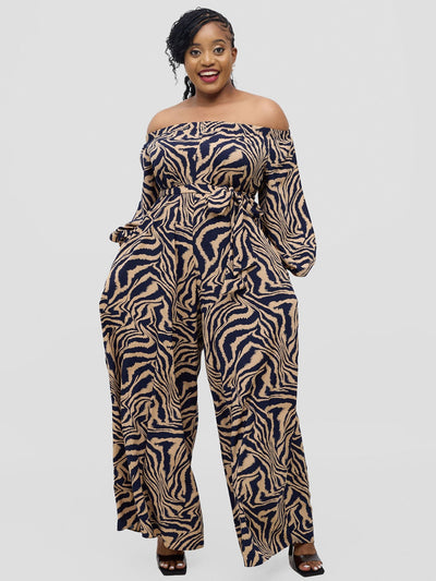 Yumi Off Shoulder Jumpsuit - Taupe Omi Print - Shopzetu