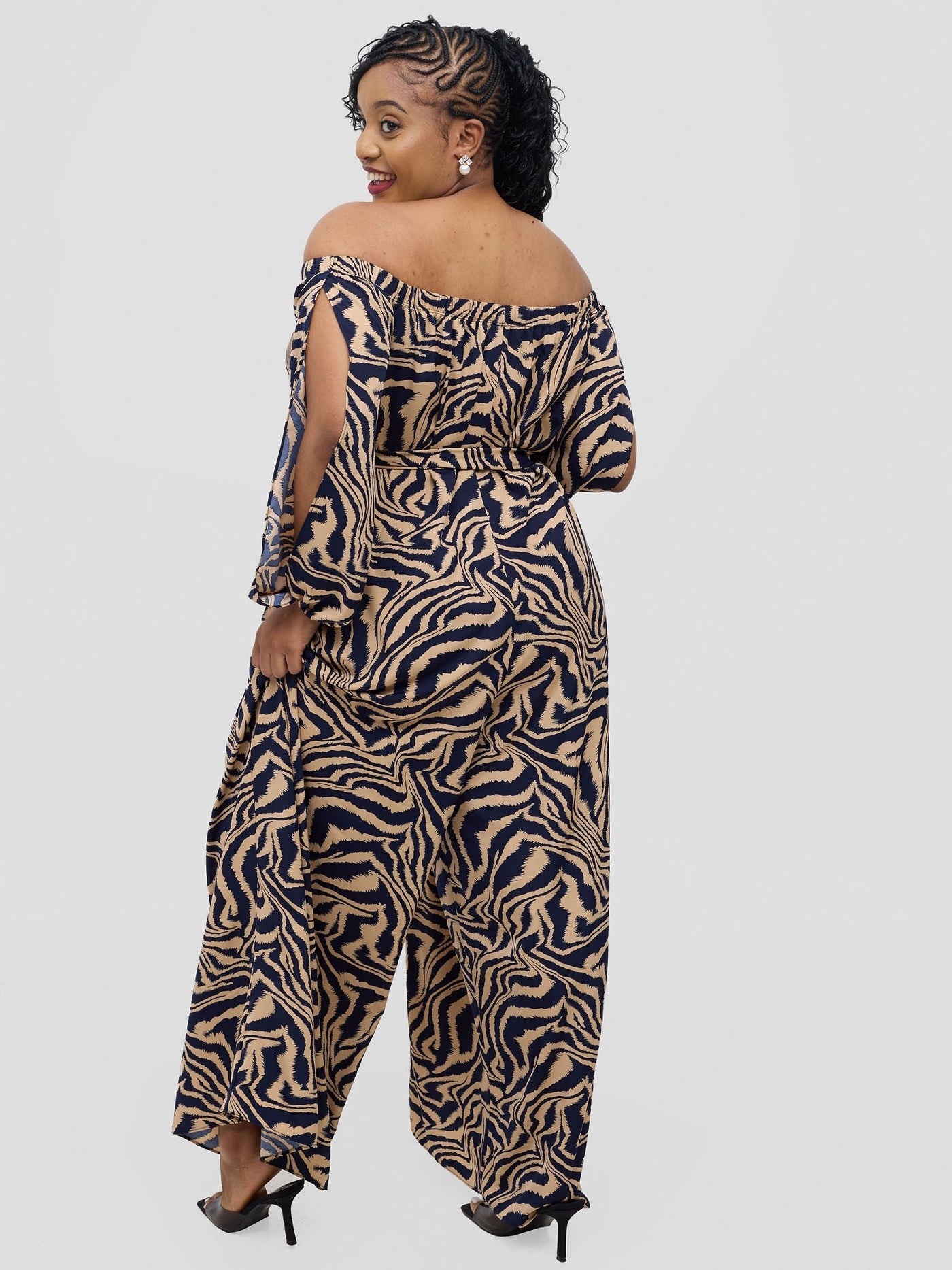 Yumi Off Shoulder Jumpsuit - Taupe Omi Print - Shopzetu