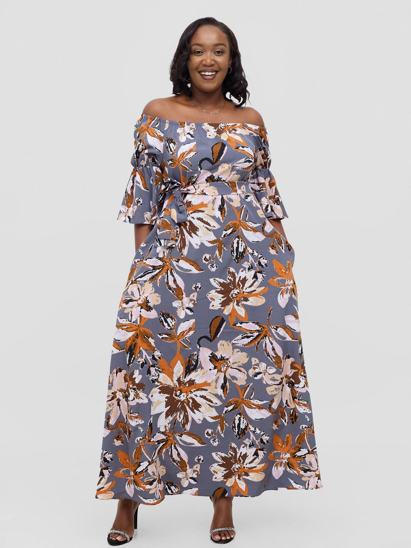 Vivo Tana Off Shoulder Maxi Dress - Multicolour Grey Print - Shopzetu