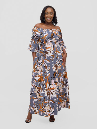 Vivo Tana Off Shoulder Maxi Dress - Multicolour Grey Print - Shopzetu