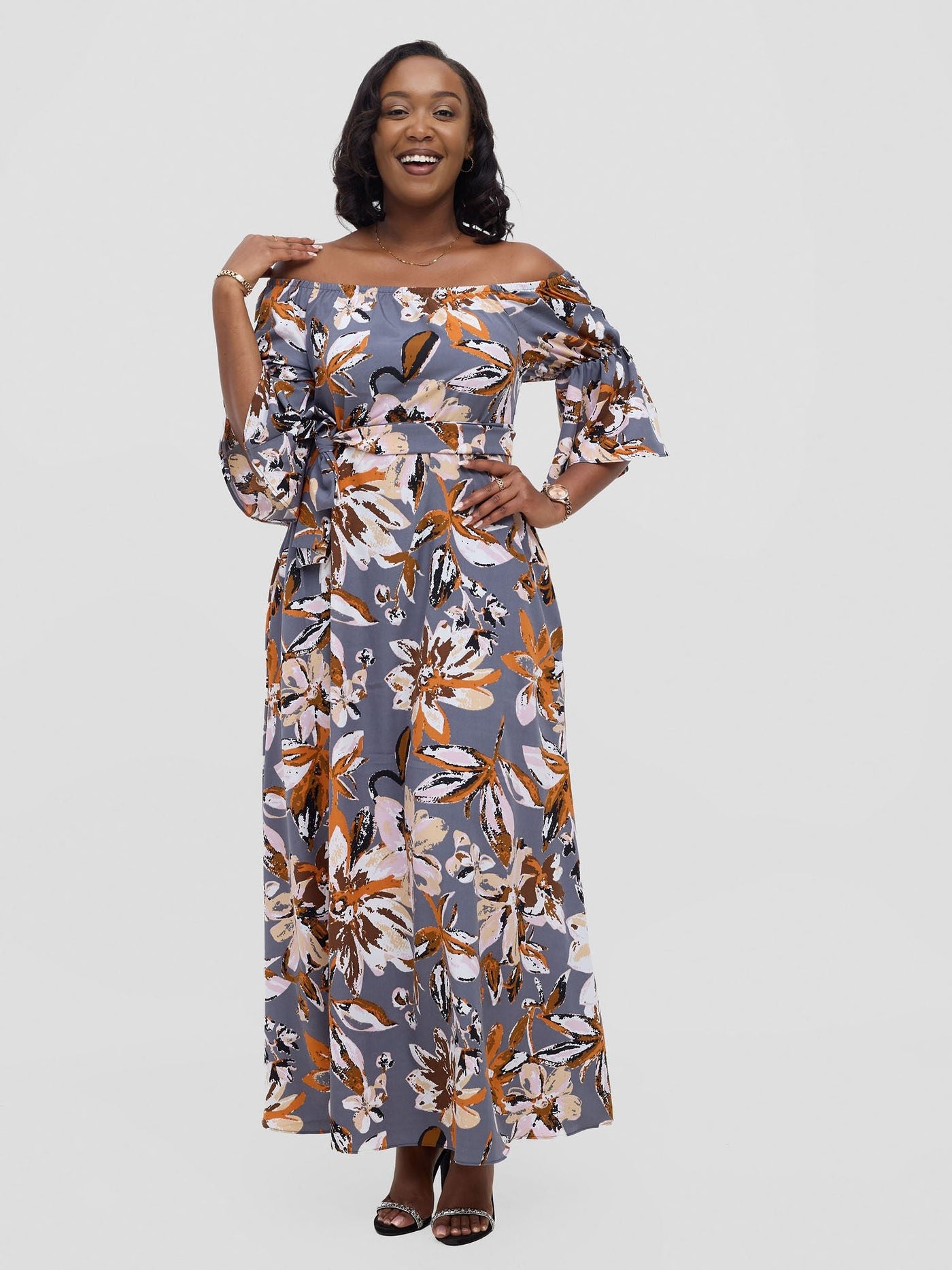 Vivo Tana Off Shoulder Maxi Dress - Multicolour Grey Print - Shopzetu