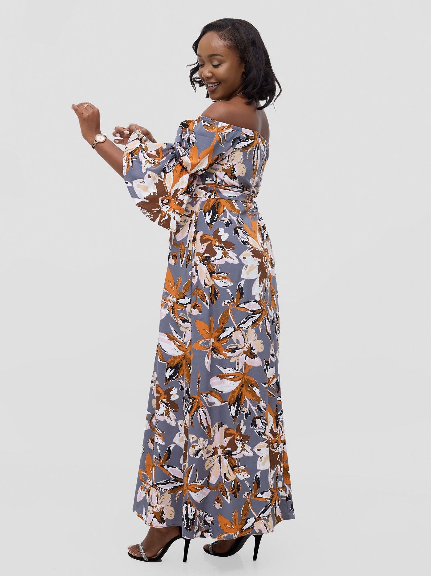 Vivo Tana Off Shoulder Maxi Dress - Multicolour Grey Print - Shopzetu