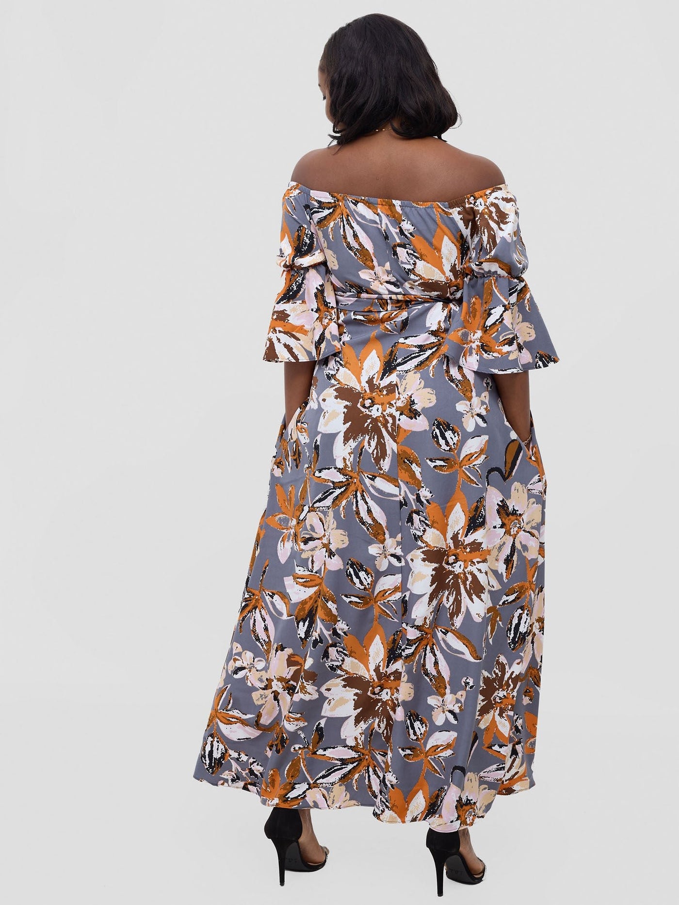 Vivo Tana Off Shoulder Maxi Dress - Multicolour Grey Print - Shopzetu