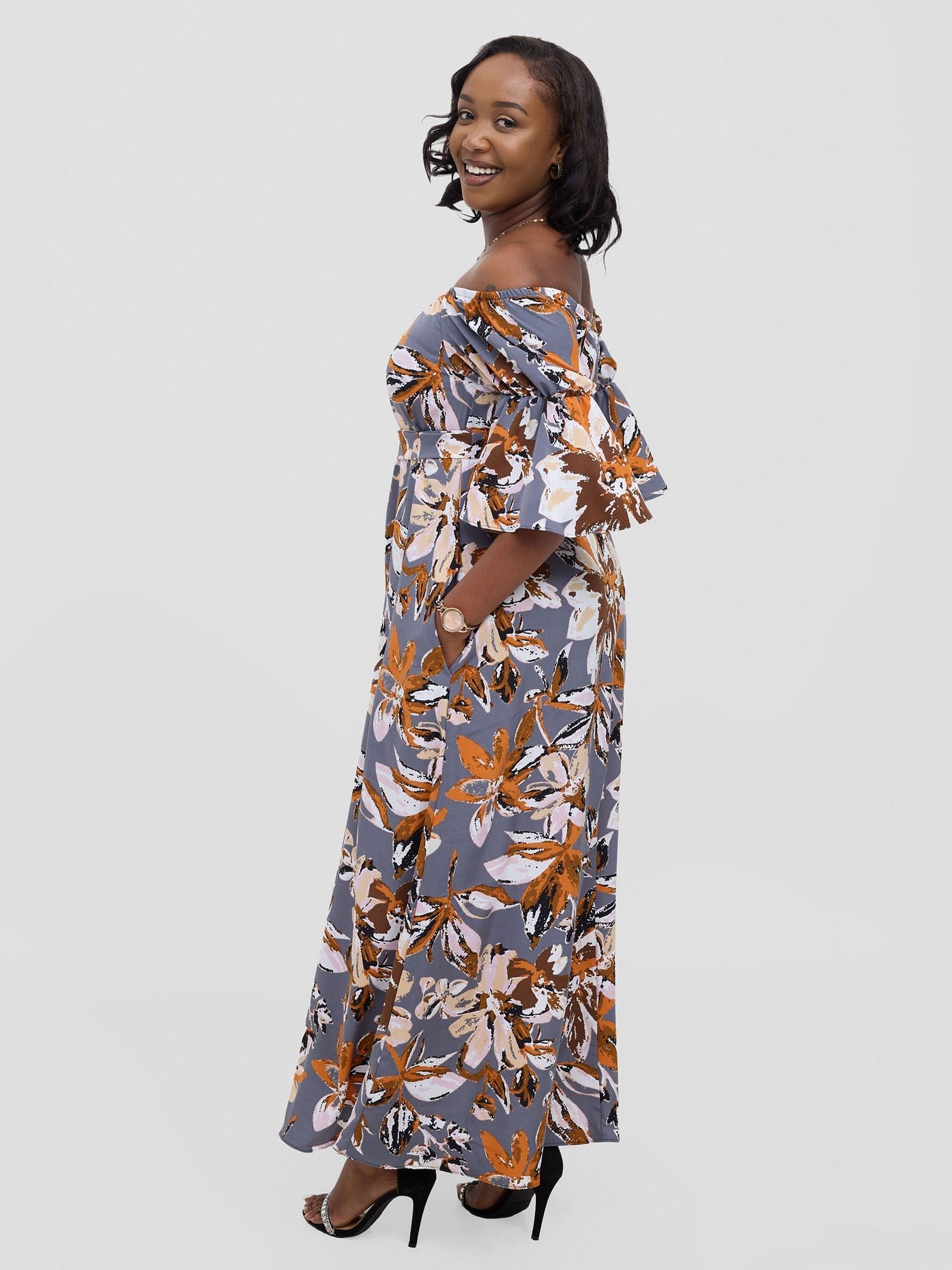 Vivo Tana Off Shoulder Maxi Dress - Multicolour Grey Print - Shopzetu