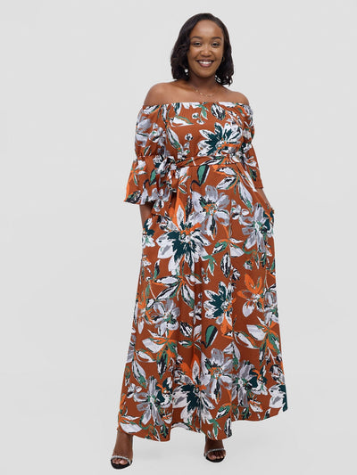 Vivo Tana Off Shoulder Maxi Dress - Multicolour Rust Print - Shopzetu