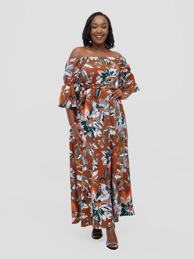 Vivo Tana Off Shoulder Maxi Dress - Multicolour Rust Print - Shopzetu