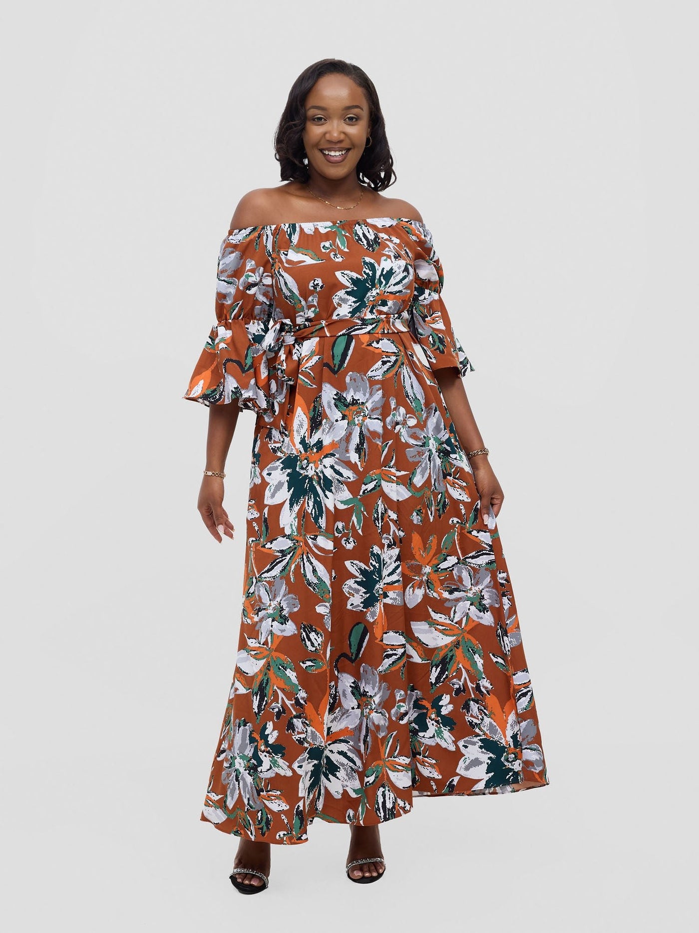 Vivo Tana Off Shoulder Maxi Dress - Multicolour Rust Print - Shopzetu