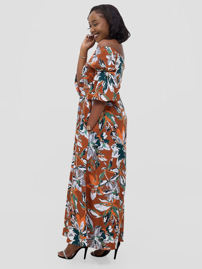 Vivo Tana Off Shoulder Maxi Dress - Multicolour Rust Print - Shopzetu