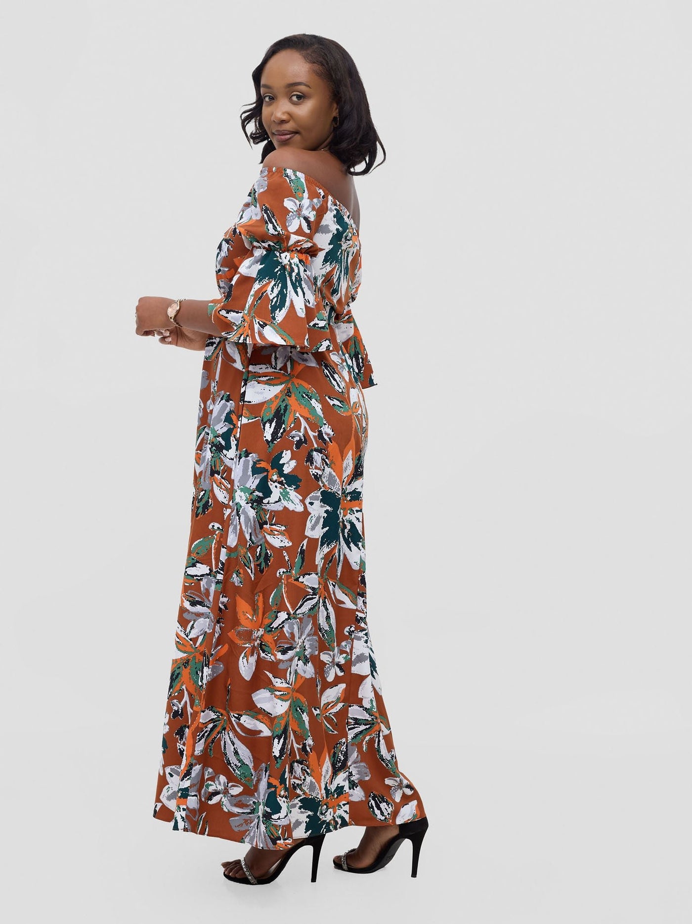 Vivo Tana Off Shoulder Maxi Dress - Multicolour Rust Print - Shopzetu