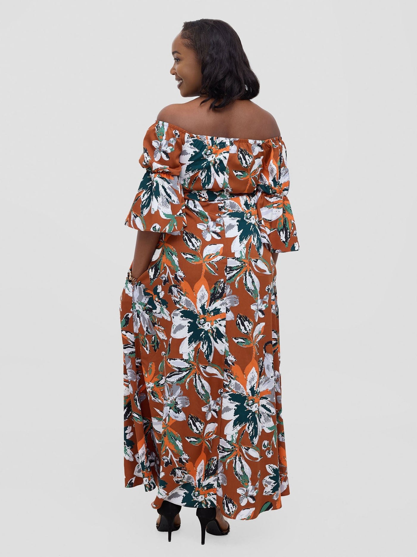 Vivo Tana Off Shoulder Maxi Dress - Multicolour Rust Print - Shopzetu