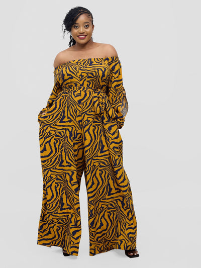 Vivo Yumi Off Shoulder Jumpsuit - Mustard Omi Print - Shopzetu