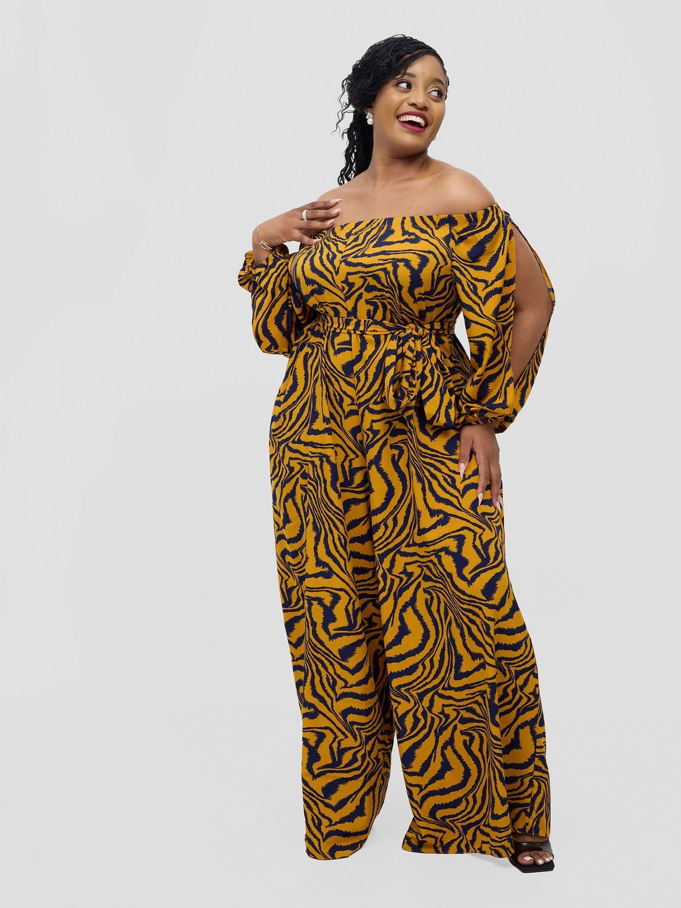 Vivo Yumi Off Shoulder Jumpsuit - Mustard Omi Print - Shopzetu