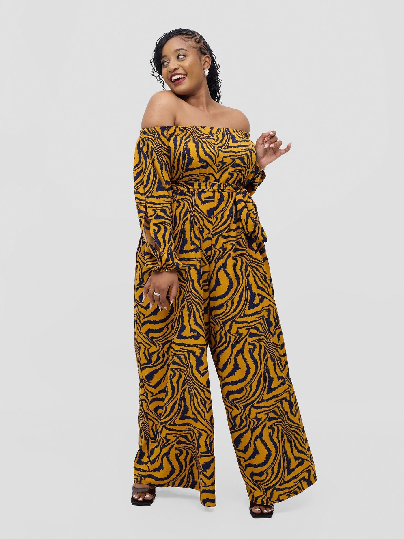 Vivo Yumi Off Shoulder Jumpsuit - Mustard Omi Print - Shopzetu