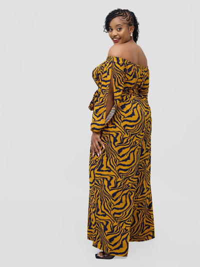 Vivo Yumi Off Shoulder Jumpsuit - Mustard Omi Print - Shopzetu