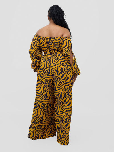 Vivo Yumi Off Shoulder Jumpsuit - Mustard Omi Print - Shopzetu