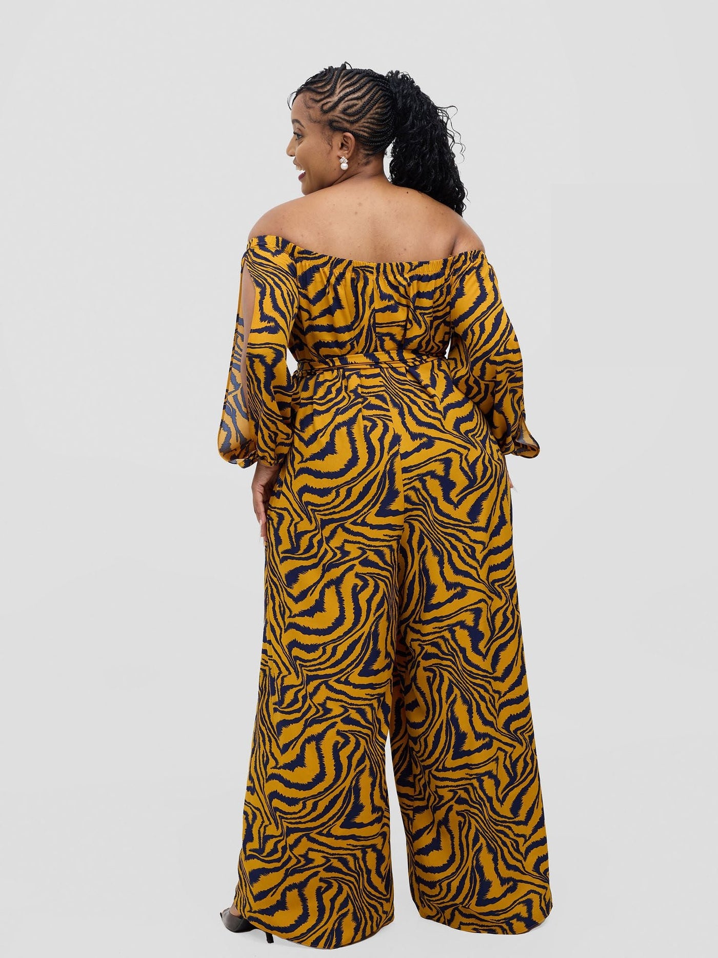 Vivo Yumi Off Shoulder Jumpsuit - Mustard Omi Print - Shopzetu