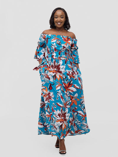 Vivo Tana Off Shoulder Maxi Dress - Multicolour Blue Print - Shopzetu