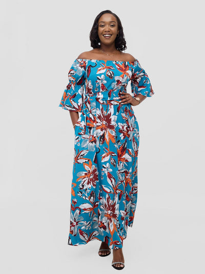 Vivo Tana Off Shoulder Maxi Dress - Multicolour Blue Print - Shopzetu