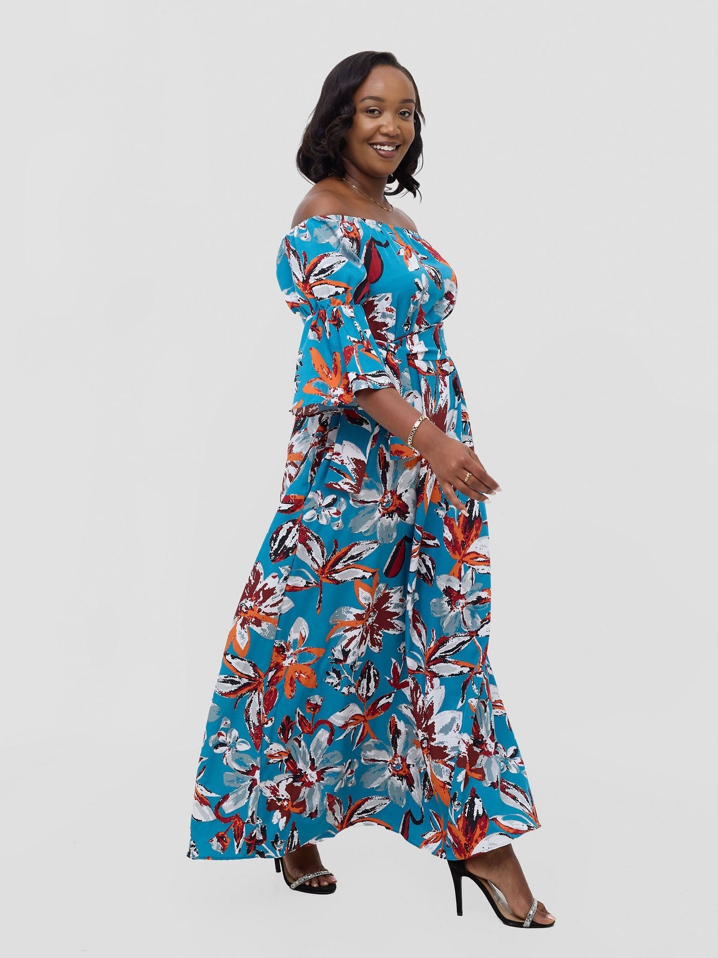 Vivo Tana Off Shoulder Maxi Dress - Multicolour Blue Print - Shopzetu