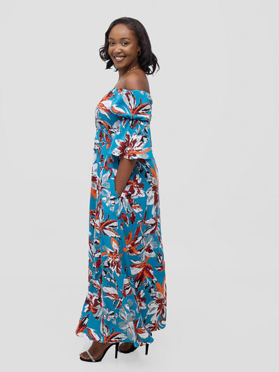 Vivo Tana Off Shoulder Maxi Dress - Multicolour Blue Print - Shopzetu