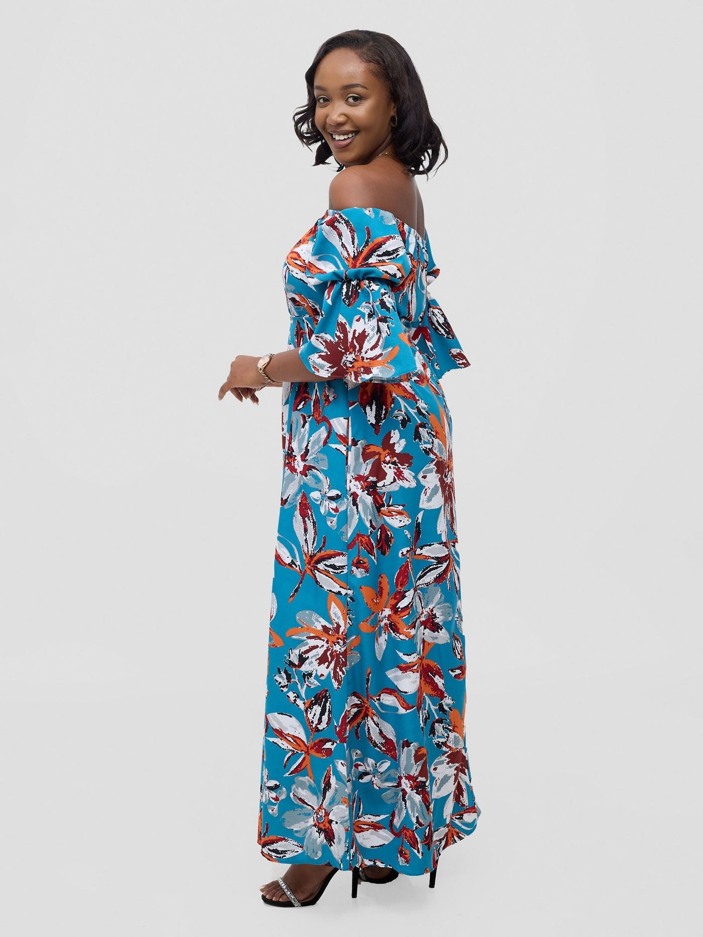 Vivo Tana Off Shoulder Maxi Dress - Multicolour Blue Print - Shopzetu