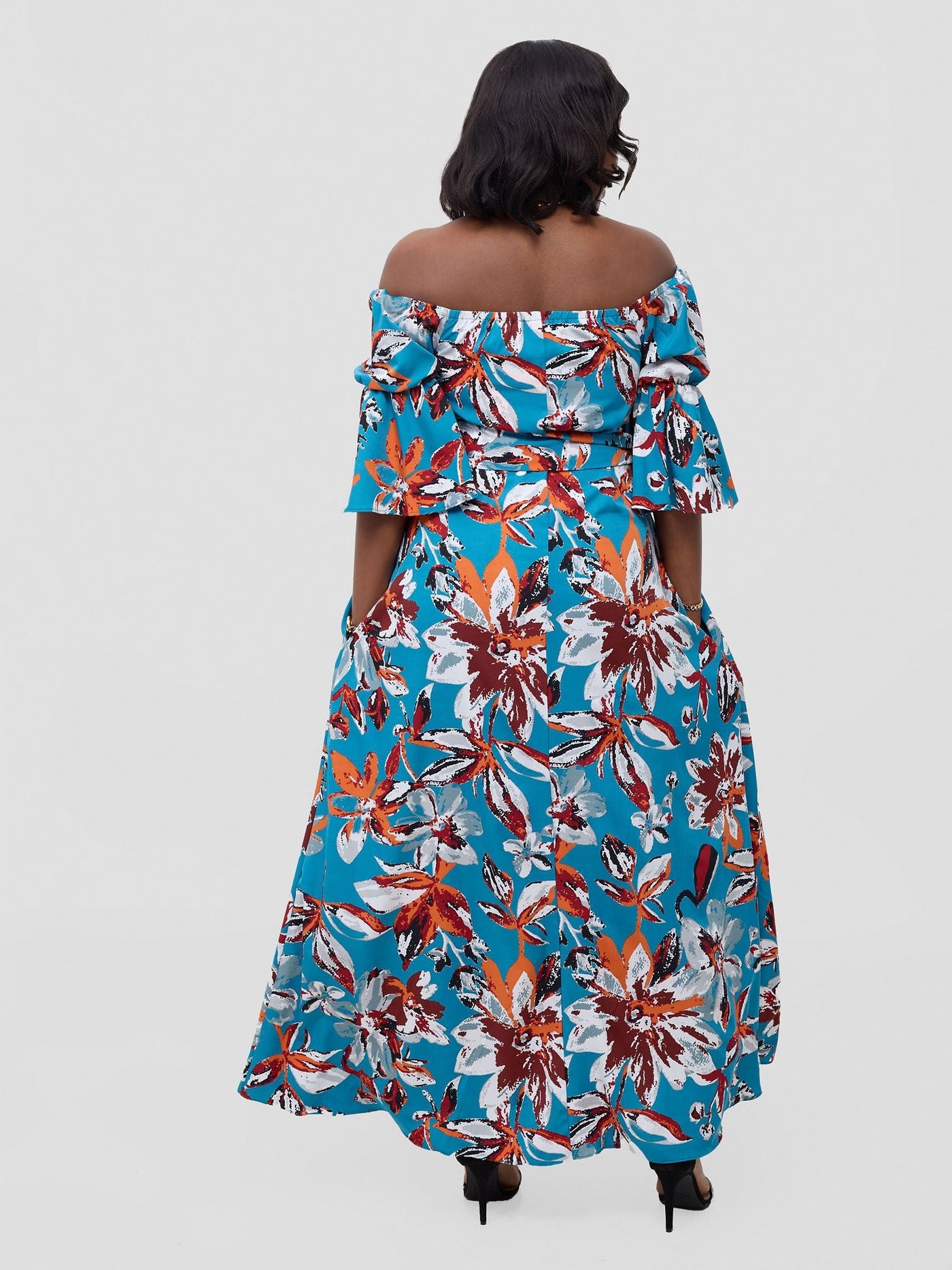 Vivo Tana Off Shoulder Maxi Dress - Multicolour Blue Print - Shopzetu