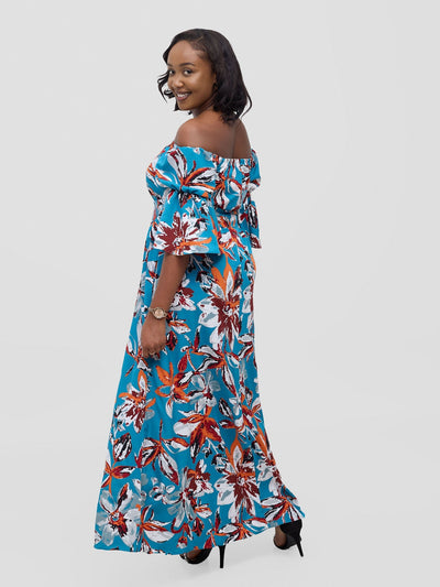 Vivo Tana Off Shoulder Maxi Dress - Multicolour Blue Print - Shopzetu