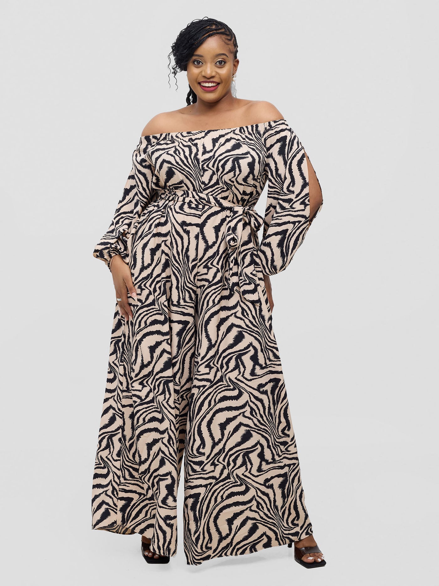 Vivo Yumi Off Shoulder Jumpsuit - Beige Omi Print