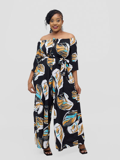 Vivo Zahari 3/4 Sleeve Off - Shoulder Jumpsuit - Black Ari Print - Shopzetu