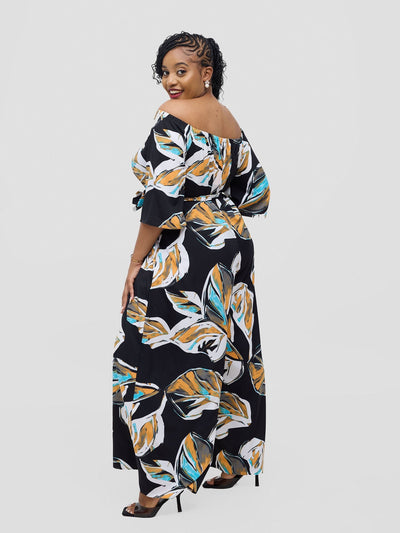 Vivo Zahari 3/4 Sleeve Off - Shoulder Jumpsuit - Black Ari Print - Shopzetu