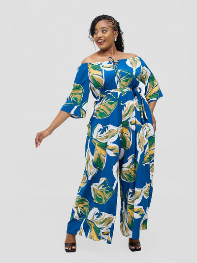 Vivo Zahari 3/4 Sleeve Off - Shoulder Jumpsuit - Royal Blue Ari Print - Shopzetu