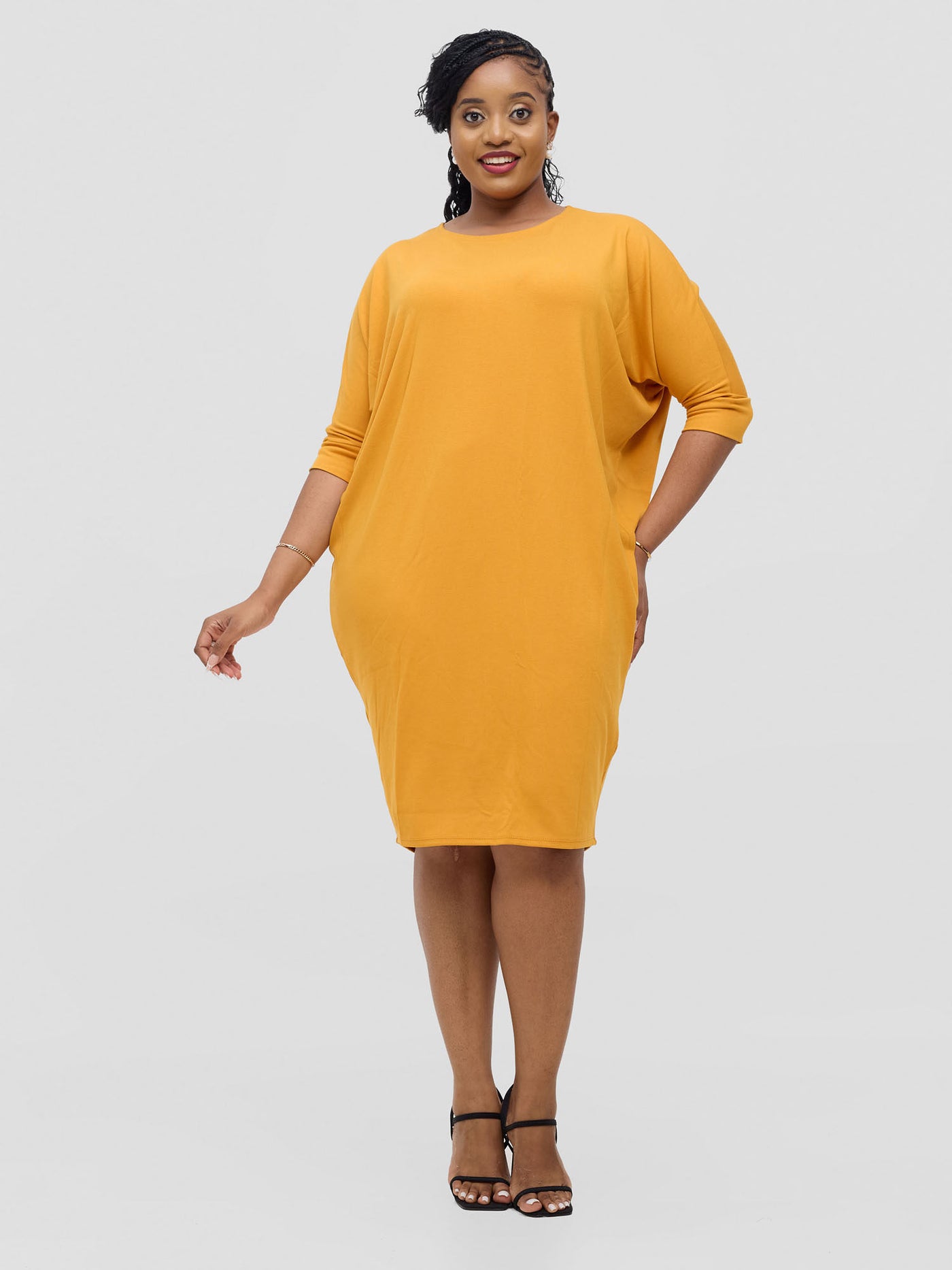 Basic Cuffed Dolman Jersey Dress  - Mustard