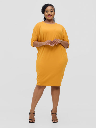 Basic Cuffed Dolman Jersey Dress  - Mustard