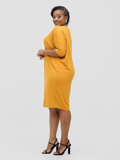 Basic Cuffed Dolman Jersey Dress  - Mustard