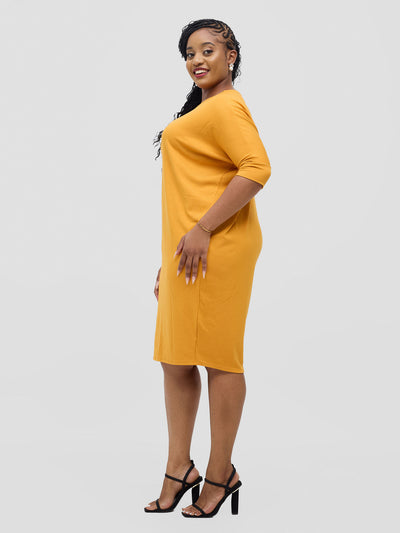 Basic Cuffed Dolman Jersey Dress  - Mustard