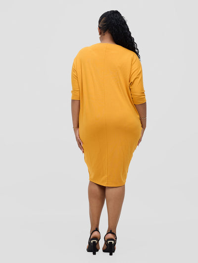 Basic Cuffed Dolman Jersey Dress  - Mustard