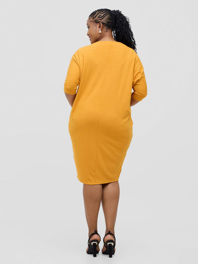 Basic Cuffed Dolman Jersey Dress  - Mustard