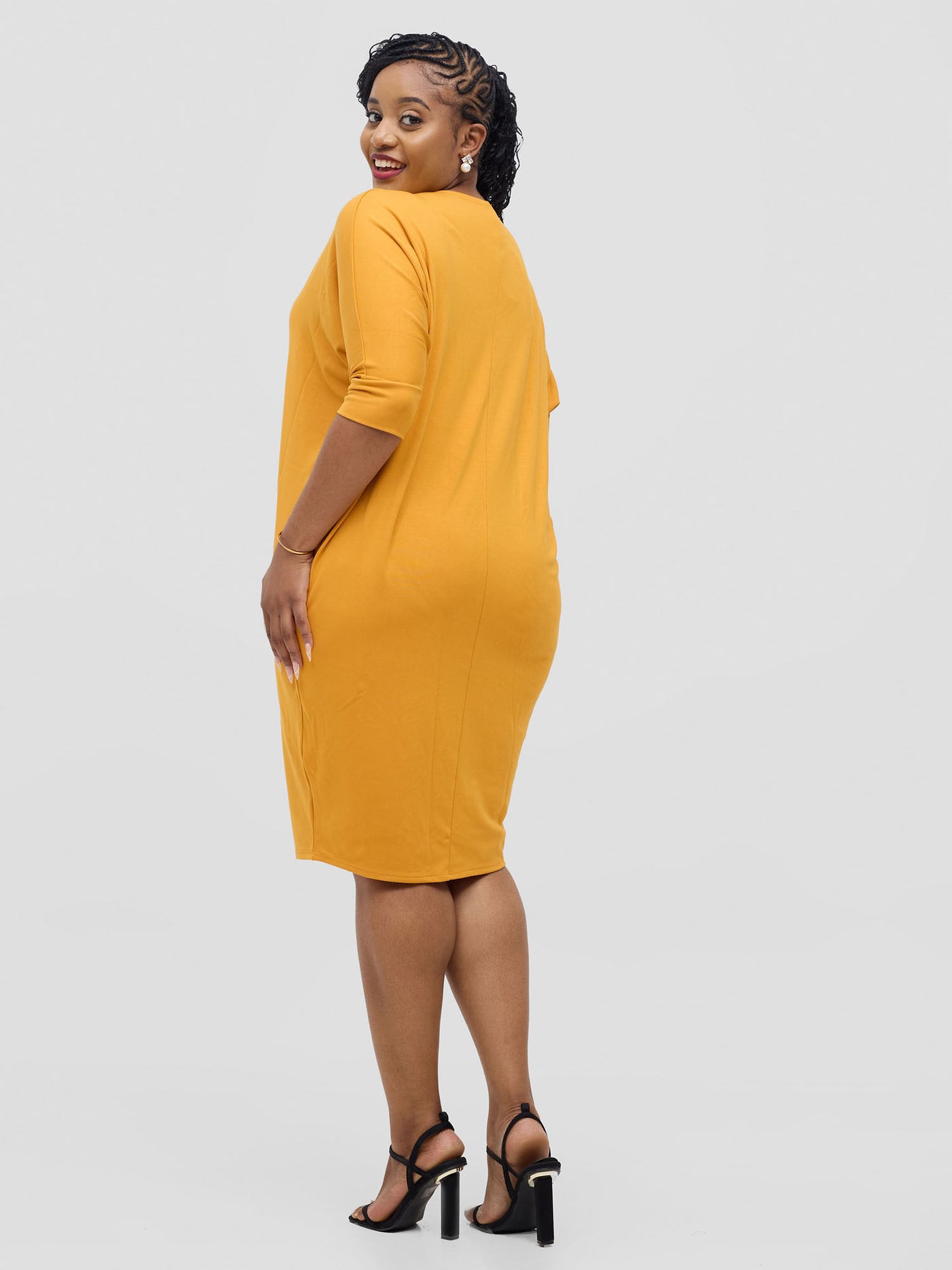 Basic Cuffed Dolman Jersey Dress  - Mustard