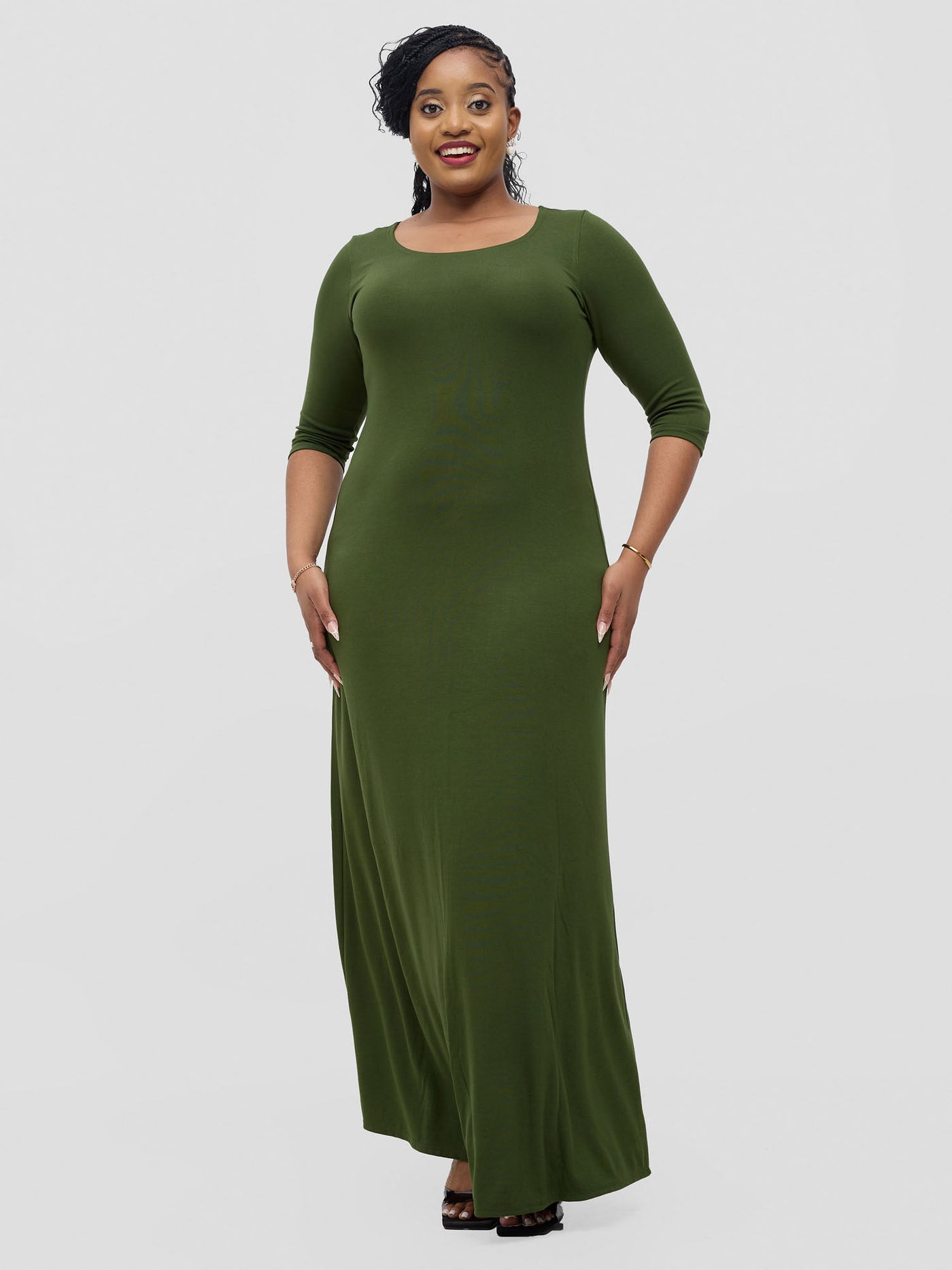 Basic 3/4 Sleeve A-Line Maxi Dress - Hunters Green