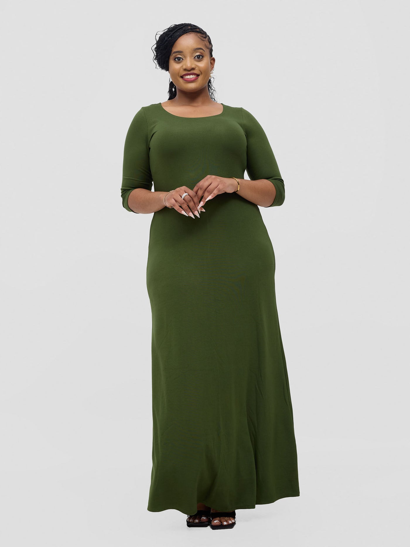 Basic 3/4 Sleeve A-Line Maxi Dress - Hunters Green