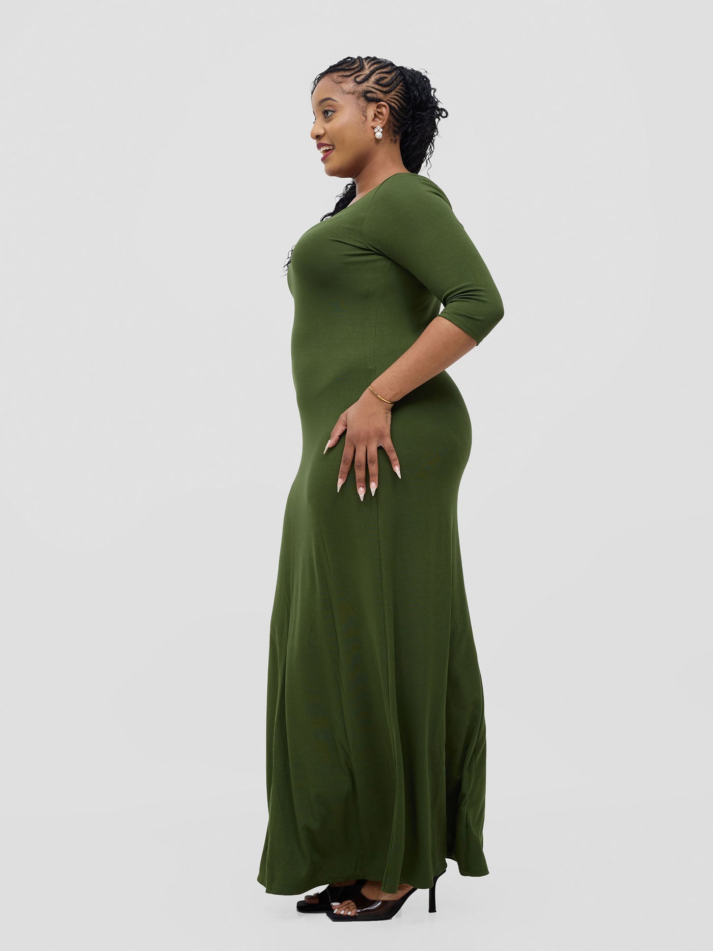 Basic 3/4 Sleeve A-Line Maxi Dress - Hunters Green