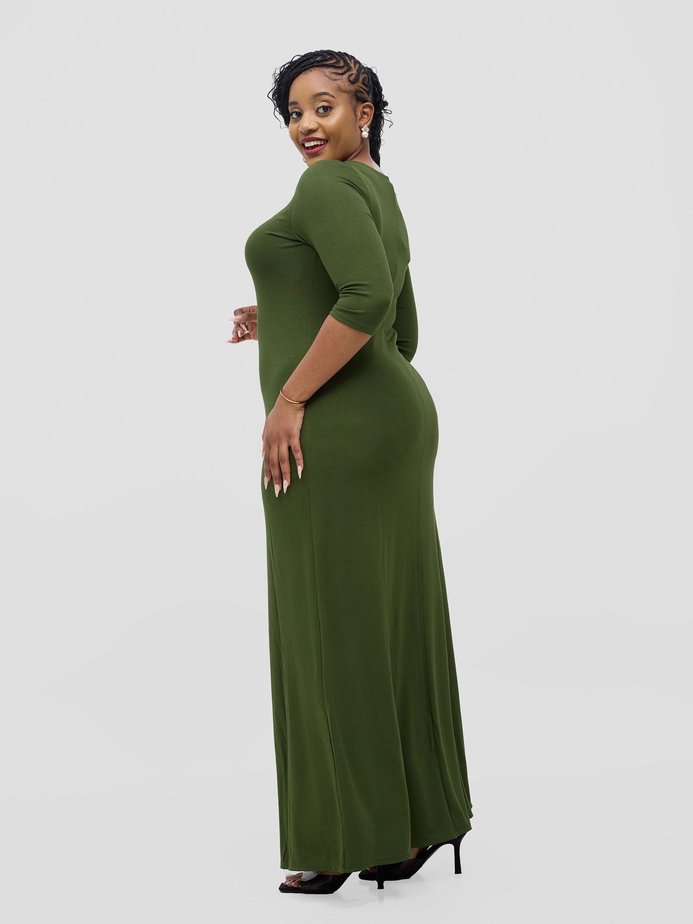 Basic 3/4 Sleeve A-Line Maxi Dress - Hunters Green