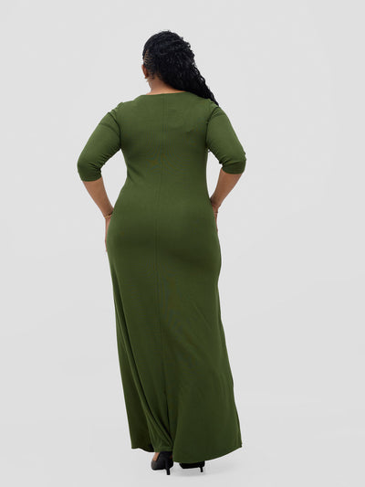 Basic 3/4 Sleeve A-Line Maxi Dress - Hunters Green