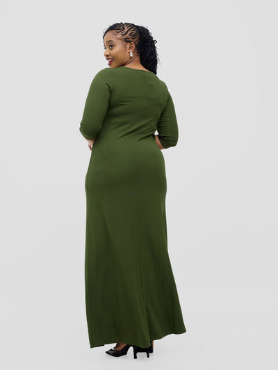 Basic 3/4 Sleeve A-Line Maxi Dress - Hunters Green