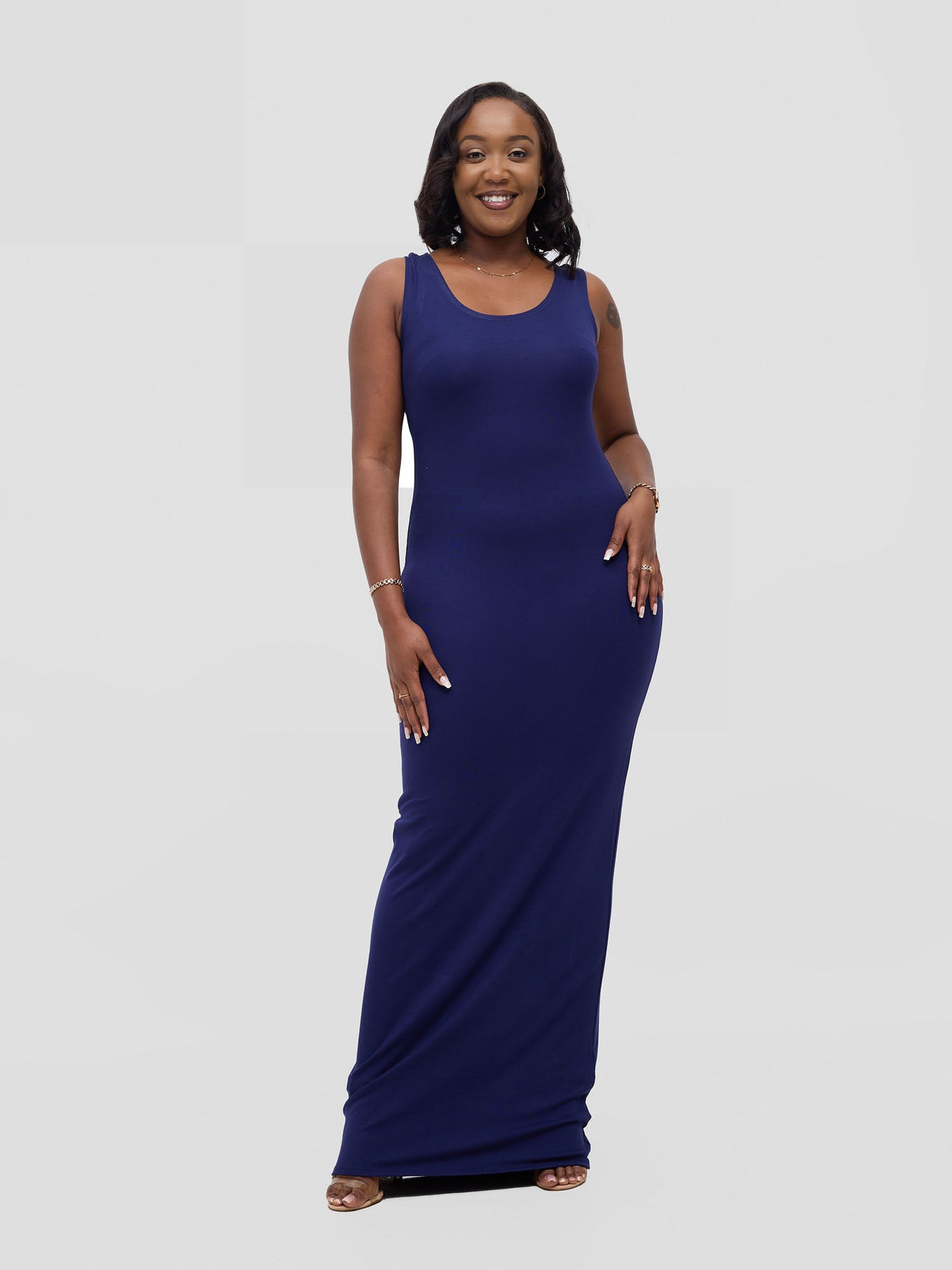 Basic Straight Maxi Dress - Navy Blue