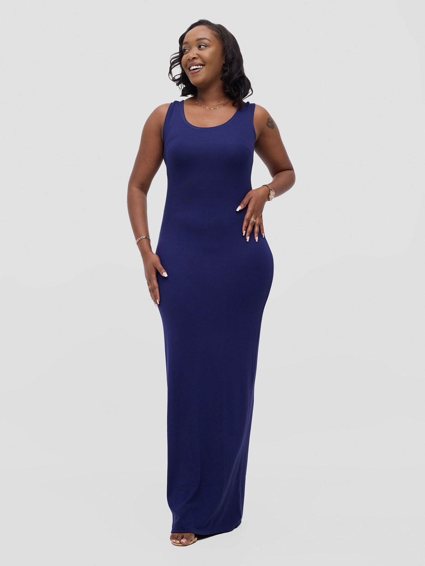 Basic Straight Maxi Dress - Navy Blue