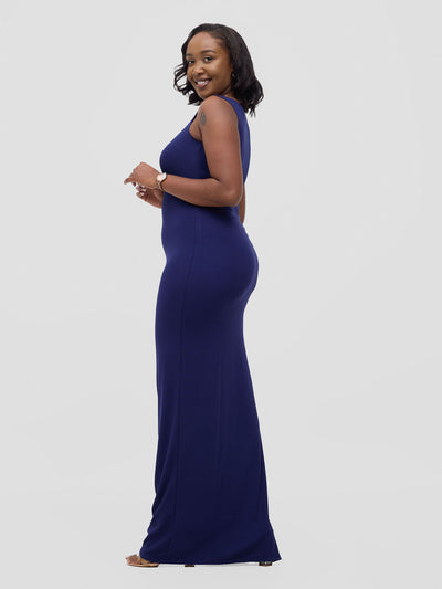 Basic Straight Maxi Dress - Navy Blue